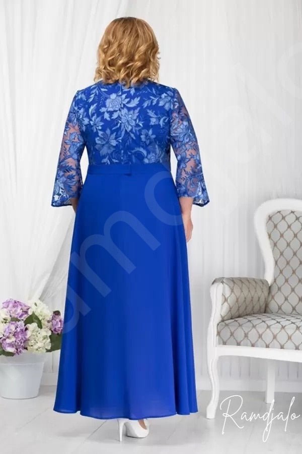 Blue Plus Size Beaded Lace Mother Of The Bride Dresses Square Neck Long Sleeves Wedding Guest Dress A Line Chiffon Evening Gowns - Price Connection