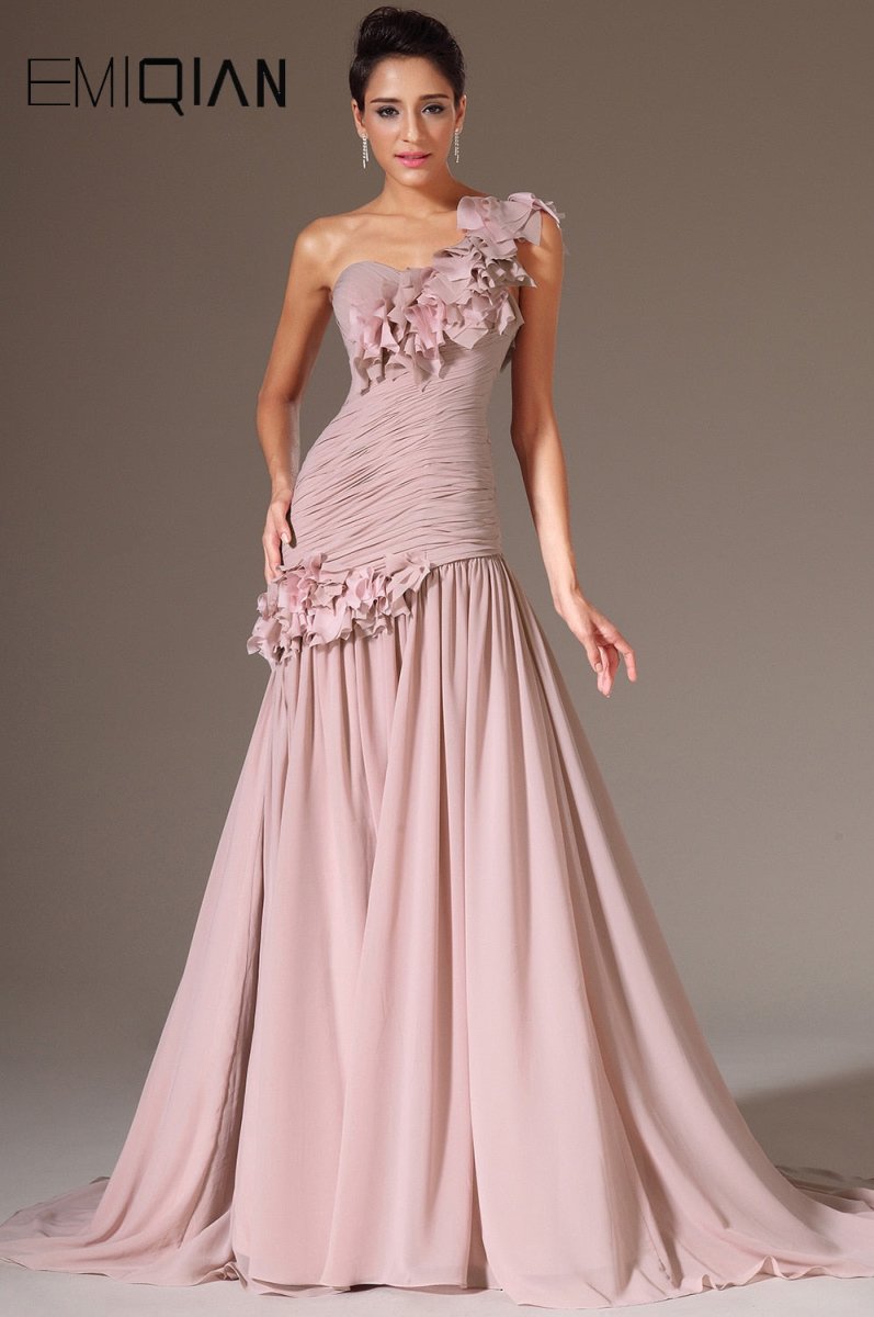 New Fashion One Shoulder with Flowers on Evening Gown Dusty Pink Chiffon Mermaid Evening Dresses - Price Connection