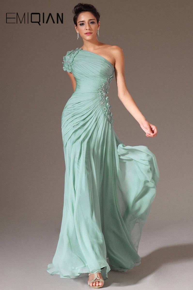New Turquoise One Shoulder Beaded Prom Gown,Short Sleeve Hand Made Flowers Formal Prom Dresses - Price Connection