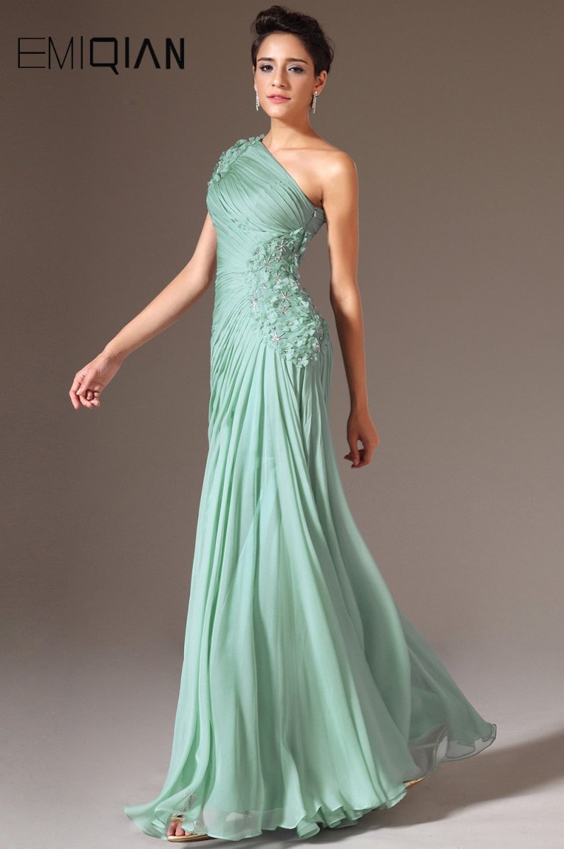 New Turquoise One Shoulder Beaded Prom Gown,Short Sleeve Hand Made Flowers Formal Prom Dresses - Price Connection