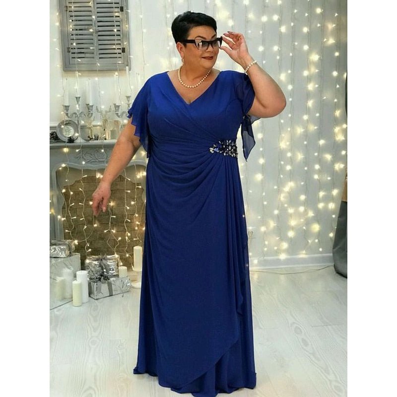 Plus Size Mother of The Bride Dresses V-neck Short Sleeve A-line Formal Evening Gowns Chiffon Sequined Mother Gowns for Weddings - Price Connection